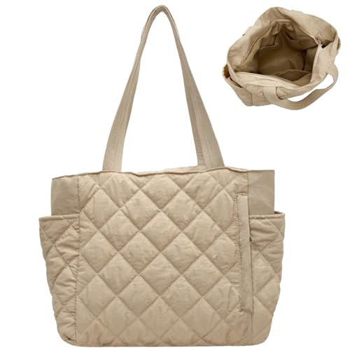 Hperu Quilted Tote Bag große Kapazität Puffer Einkaufstasche Reißverschluss Polsterpuffer Geldbeutel mehrpockets gehaltenes Hand-/Schulter-Stülle-Taschen für Frauen beige Totes von Hperu