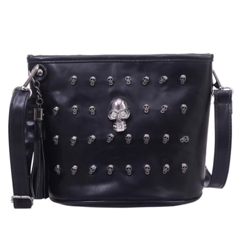 Hperu Schädel und Nieten PU Leder Quasten Handtasche Retro lässige Bucket -Umhängetasche mit Schultergurten für Frauen schwarze Handtasche von Hperu