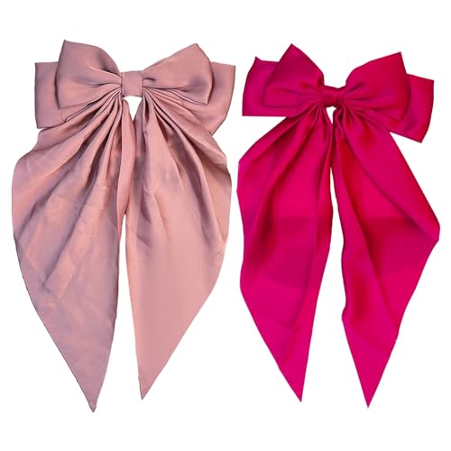 Haarspangen mit großer Schleife und langem seidigem Satin, einfarbig, französische Haarspange, schlichtes Accessoire für Damen und Mädchen, Rosa und Rose, 2 Stück von HshDUti