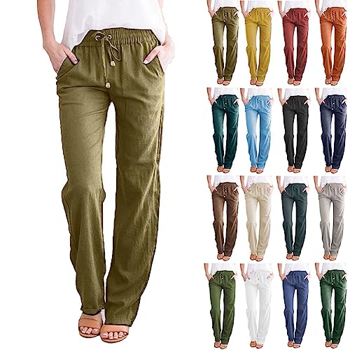 Hsternexy Leinenhose Damen Sommer Musselin Hose Leicht Casual Freizeithose Strandhose Einfarbig Weitem Bein Sommerhose Stoffhose Gerade Geschnitten Bequeme Hippie Hose mit Taschen Yogahose von Hsternexy