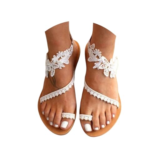 Hsternexy Sandalen Damen Sommer Flach Bequem Römer Zehentrenner Weite Sandaletten Elegant Boho Strand Riemchensandalen Flip Flops Breite Füße Leder Orthopädische Slipper mit Blumen Pantoletten von Hsternexy