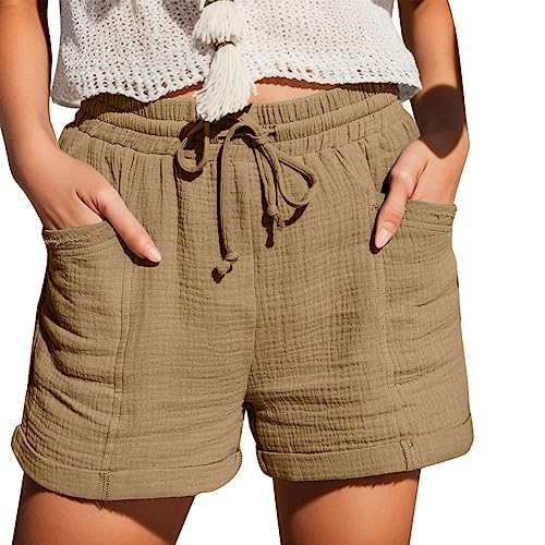 Hsternexy Shorts Damen Sommer Leinen Musselin Kurze Hose Beach Shorts Mit Taschen Mode Lässige Stoffhose Freizeit Shorts Elastische Taille Stretch Gerades Bein Sport Shorts mit Kordelzug Leinenhose von Hsternexy