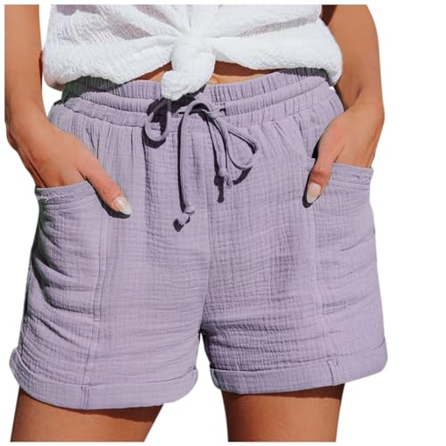 Hsternexy Shorts Damen Sommer Leinen Musselin Kurze Hose Beach Shorts Mit Taschen Mode Lässige Stoffhose Freizeit Shorts Elastische Taille Stretch Gerades Bein Sport Shorts mit Kordelzug Leinenhose von Hsternexy