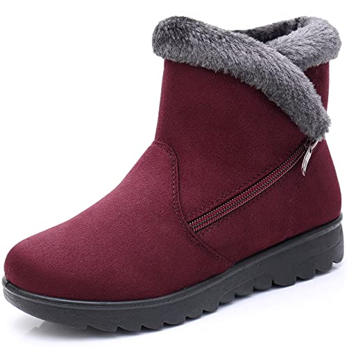 Hsyooes Winterschuhe Wildleder Damen Winterstiefel Warm Gefüttert Schneestiefel Mädchen Stiefeletten Winter Kurzschaft Stiefel Bequem Schuhe Hersteller 240/EU37 Rot von Hsyooes