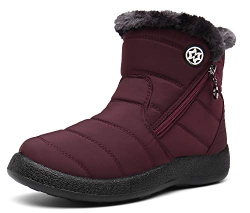 Hsyooes Winterstiefel Damen Wasserdicht Winterschuhe Warm Stiefeletten Winter Schneestiefe Gefüttert Kurzschaft Stiefel Rutschfeste Schlupfstiefel Boots Flach Rot A 41EU von Hsyooes