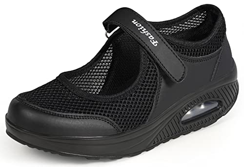 Sandalen Damen Freizeitschuhe Keilabsatz Leicht Walking Schuhe Plateau Turnschuhe Mesh Fitness Sneaker Laufschuhe Sommer Atmungsaktiv Espadrilles E-Schwarz EU36 von Hsyooes