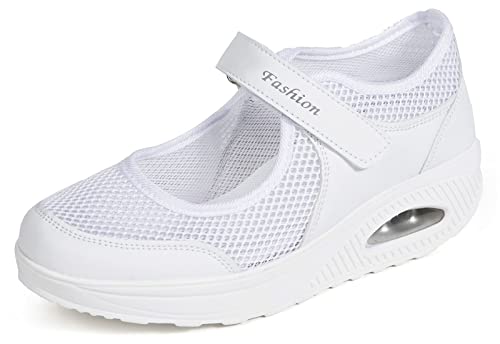 Sandalen Damen Freizeitschuhe Keilabsatz Leicht Walking Schuhe Plateau Turnschuhe Mesh Fitness Sneaker Laufschuhe Sommer Atmungsaktiv Espadrilles E-Weiß EU41 von Hsyooes