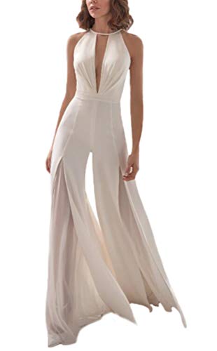 Jumpsuit Damen Elegant Ärmellos Playsuit Tiefem V-Ausschnitt Hochzeit Festlich Hosenanzug Unique Mit Spitze Lang Romper Breites Bein Hosen Partei Abendmode (Weiß,L) von HuanHaoYu