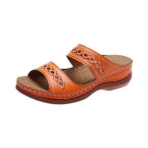 Hufu Damen Pantoletten Sommer, Modische Peeptoes Keilsandalen, Elegant Orthopädische Sandalen, Boho Sandale Badesandalen Frauen, Römersandalen Sommerschuhe Mit Absatz (35, Orange) von Hufu