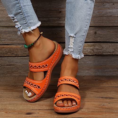 Hufu Damen Pantoletten Sommer, Modische Peeptoes Keilsandalen, Elegant Orthopädische Sandalen, Boho Sandale Badesandalen Frauen, Römersandalen Sommerschuhe Mit Absatz (36, Orange) von Hufu