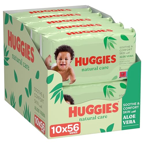 Huggies® Natural Care Babytücher, 10x56 Tücher, hergestellt aus Hautpflegefasern für eine gesunde Haut – Babytücher angereichert mit Aloe Vera von HUGGIES