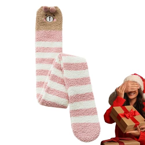 Oberschenkelhohe Fuzzy-Socken für Damen,Oberschenkelhohe Fuzzy-Socken - Süße Tier-Korallen-Fleece-Oberschenkelhohe lange gestreifte Socken - Beinwärmersocken für Frauen zum Weihnachtsschlafen Humdcdy von Humdcdy