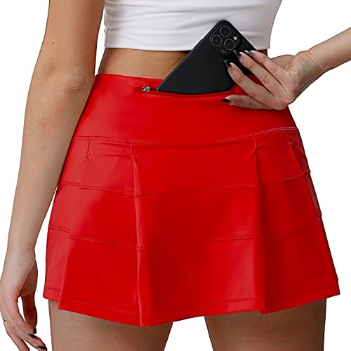 Husnainna hoch taillierte Plissierte Tennisrock mit Taschen, athletische Golf Skorts für Frauen, eingebauten Shorts 018BZQ-Dark Red/b4 von Husnainna