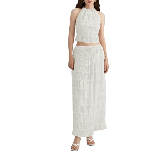 HzDazrl Zweiteiliges Sommer-Y2K-Outfit für Damen, einfarbig, ärmellos, gerüscht, Neckholder, Cami-Oberteile und langer Maxirock, weiß, M HzDazrl Zweiteiliges Sommer-Y2K-Outfit für Damen, einfarbig, ärmellos, gerüscht, Neckholder, Cami-Oberteile und langer Maxirock, weiß, M von HzDazrl
