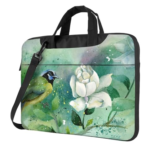 Hzhuaoeg Gardenia Laptop-Hülle mit Blumenmotiv und Vögeln bedruckt, für Damen und Herren, schlanke Computertasche, Aktentasche, Arbeitstasche 33 - 35,6 cm (13 - 14 - 15,6 Zoll), Schwarz , 15.6 inch von Hzhuaoeg