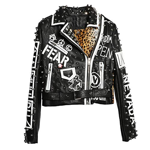 Hzikk Frauen Lederjacke Nieten Leopard-Druck-Kurz Motorrad Punk Rock Jacken,Schwarz,L von Hzikk