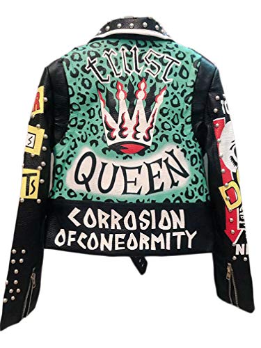 Hzikk Punk Graffiti Zipper Rivet Kunstleder-Jacke Frauen-Felsen Crop Motorrad-Radfahrer Jacken,Grün,M von Hzikk