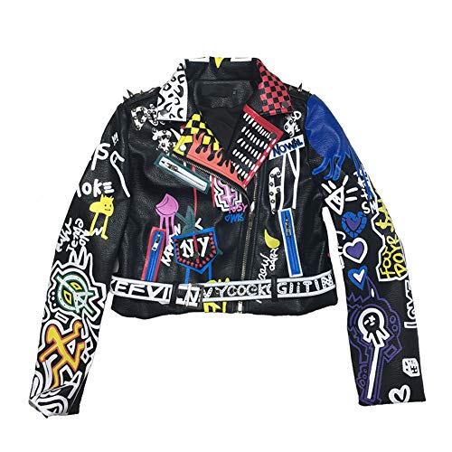 Hzikk Schwarz Printed Lederjacke Graffiti Lederjacke Frauen Kurz Geschoren Motorradjacke,Schwarz,M von Hzikk