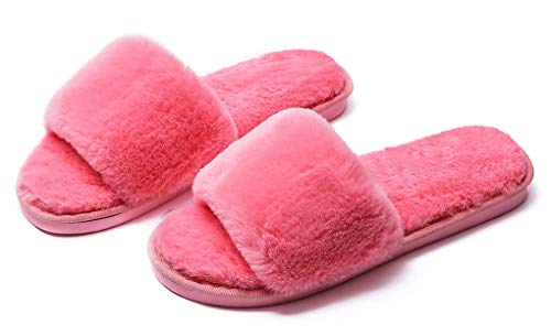 IBAIOU Frauen Cosy Furry Flat Slides Hausschuhe,Weiche Verdickung Kunstpelz Slip on Plüsch Open Toe Hausschuhe,Rutschfeste flauschige Hausschuhe Schlafzimmerschuhe,38-39,pink von IBAIOU