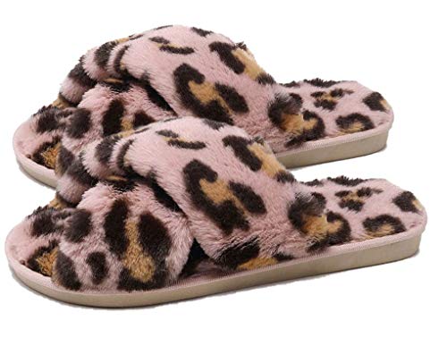 Frau Plüsch Kreuz Hausschuhe,Plüsch Kreuz Leopard Hausschuhe,Plüsch Kreuz Regenbogen Hausschuhe,Kunstpelz Kreuz Hausschuhe,Frauen Fluffy Cross Slippers,36-37,Leopard pink von IBAIOU