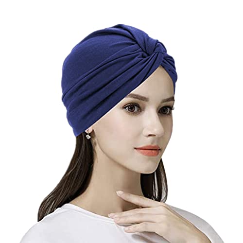 IBLUELOVER Turban Damen Hut Baumwolle Kopfbedeckung Frequenzweiche Kopftuch Einfarbig Beanie Cap Geraffte Schlafmütze Slouch Strand Kappe Kopfwraps für Haarverlust (Blau) von IBLUELOVER