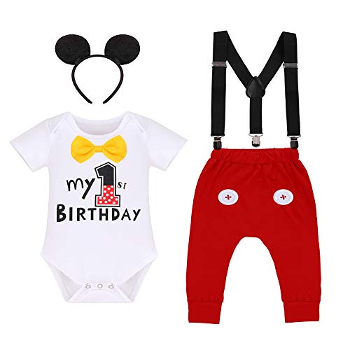 Baby Jungen 1. Geburtstag Party Mickey Mouse Fancy Outfit Fliege Strampler+Verstellbare Y Hosenträger+Hosen+Stirnband 4pcs Gentleman Kuchen Smash Kleidung Fotoshooting White-Red 12-18 Monate von IBTOM CASTLE