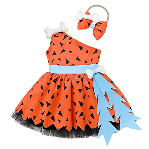 IBTOM CASTLE Baby Mädchen Junge Höhlenmensch Kostüm Outfits Bam Bam Steinzeit Cosplay Fastnachtskostüme Knochen Fasching Feuerstein Halloween Geburtstag Party Outfit Mädchen Orange 2-3 Jahre von IBTOM CASTLE