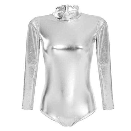 IBTOM CASTLE Ballettanzug Damen Frauen Langarm Body Ballett Trikot Turnanzug Gymnastikanzug Tanzen Bodysuit Tanztraining Gymnastik Kostüm Einteiler Metallic One Piece Leotards Oberteile Silber 2XL von IBTOM CASTLE