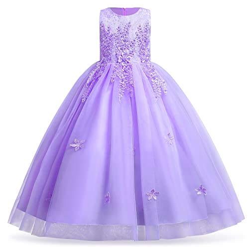 Blumenmädchenkleid Spitze bestickt Tüll Prinzessinnen kleid langes Abschlussballkleid Kinder Festlicher Festzug Hochzeit Brautjungfern Cocktail Partykleid Erstkommunion Kleid Helles Lila 11-12 Jahre von IBTOM CASTLE