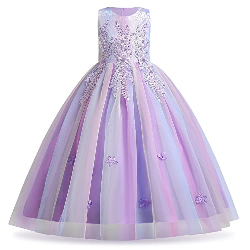 Blumenmädchenkleid Spitze bestickt Tüll Prinzessinnen kleid langes Abschlussballkleid Kinder Festlicher Festzug Hochzeit Brautjungfern Cocktail Partykleid Erstkommunion Kleid Regenbogen lila 5-6 Jahre von IBTOM CASTLE