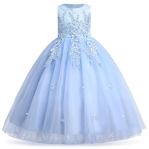 Blumenmädchenkleid Spitze bestickt Tüll Prinzessinnen kleid langes Abschlussballkleid Kinder Festlicher Festzug Hochzeit Brautjungfern Cocktail Partykleid Erstkommunion Kleid Skye Blau 5-6 Jahre von IBTOM CASTLE