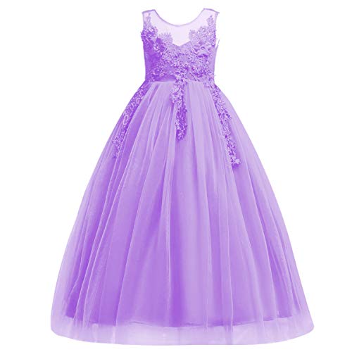 Blumenmädchenkleid Spitze bestickt ärmellos Tüll Prinzessinnen kleid Elegantes Abschlussballkleid Kinder Festlicher Festzug Hochzeit Brautjungfern Cocktail Partykleid Hellviolett 11-12 Jahre von IBTOM CASTLE