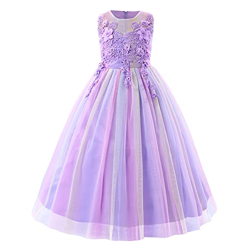 Blumenmädchenkleid Spitze bestickt ärmellos Tüll Prinzessinnen kleid Elegantes Abschlussballkleid Kinder Festlicher Festzug Hochzeit Brautjungfern Cocktail Partykleid Violett Regenbogen 6-7 Jahre von IBTOM CASTLE