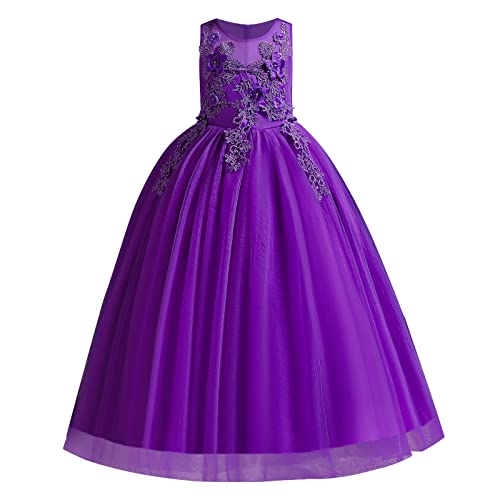 Blumenmädchenkleid Spitze bestickt ärmellos Tüll Prinzessinnen kleid Elegantes langes Abschlussballkleid Kinder Festlicher Festzug Hochzeit Brautjungfern Cocktail Partykleid Lila 11-12 Jahre von IBTOM CASTLE