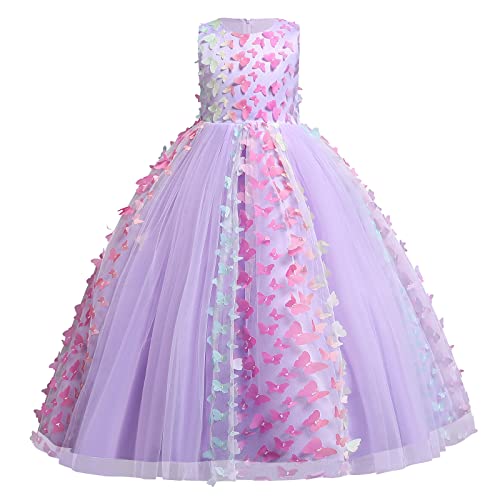 Blumenmädchenkleider Mädchen Ärmellos Regenbogen-Netz Prinzessin KleiderTüll Festzug Abschlussball Kinder 3D Schmetterling Ballkleid Hochzeit Brautkleid Abendkleid Violett Schmetterling 11-12 Jahre von IBTOM CASTLE