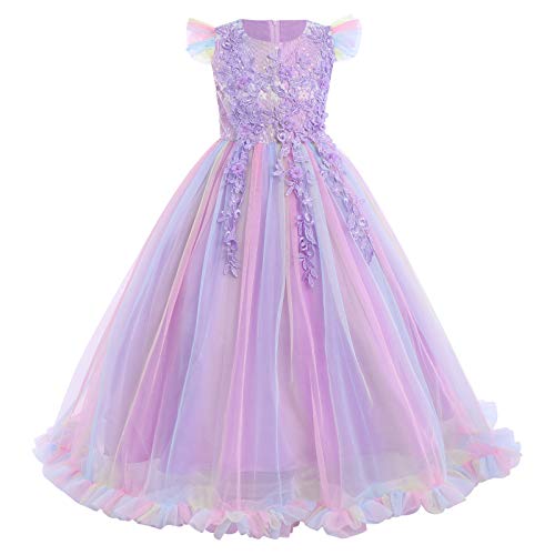 Blumensmädchenkleid Prinzessin Festliches Kinder Blumenspitze Kleid Festzug Kleider Hochzeit Ballkleid Brautjungfern Kleidung Tüll Abendkleid Kommunion PartyKleid Regenbogen Violett 15-16 Jahre von IBTOM CASTLE