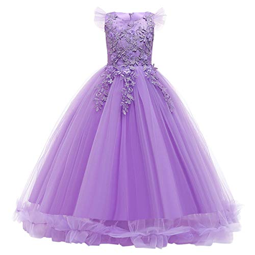 Blumensmädchenkleid Prinzessin Festliches Kinder Mädchen Blumenspitze Kleid Festzug Kleider Hochzeit Ballkleid Kleidung Tüll Langes Abendkleid Kommunion PartyKleid Hellviolett 11-12 Jahre von IBTOM CASTLE