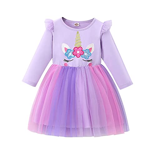 IBTOM CASTLE Einhörner Kleid für Mädchen, Kleinkind Kinder Herbst Winter Kleidung Langarm Tüll Kleid Regenbogen Prinzessin Kleider Hochzeit Weihnachten Party Kleid Lila Einhorn 6-7 Jahre von IBTOM CASTLE