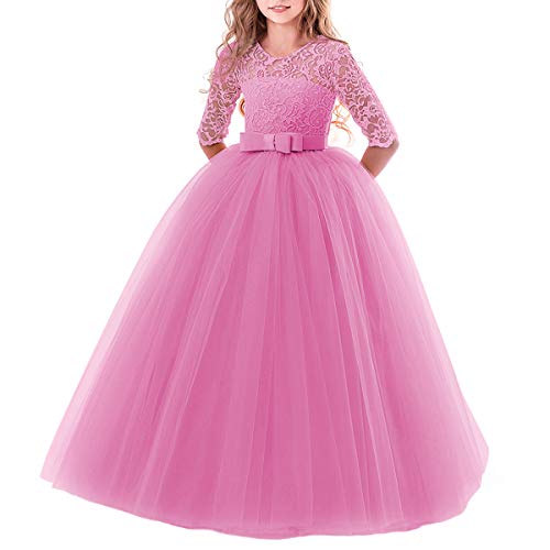 IBTOM CASTLE Elegant Brautjungfer Kleider für Mädchen Blumenmädchen Hochzeitskleid 3/4 Arm Spitzenkleid Tüllkleid Prinzessin Festzug Weihnachten Karneval Abendkleid Partykleid Koralle 11-12 Jahre von IBTOM CASTLE