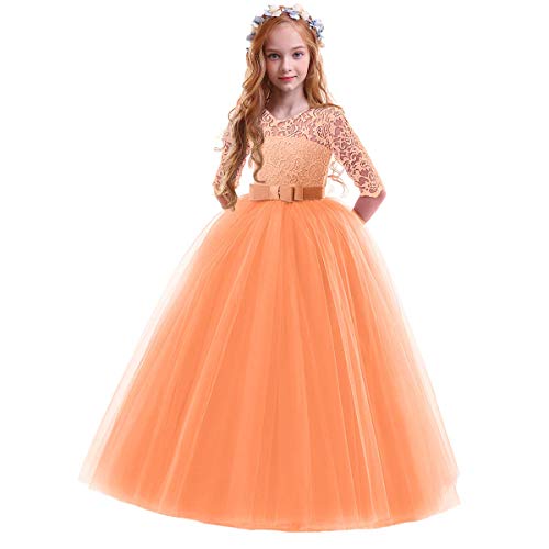 IBTOM CASTLE Elegant Prinzessin Kleid Mädchen Abendkleid für Hochzeit Brautjungfer Blumenmädchen 3/4 Arm Spitzenkleid Geburtstag Party Jugendweihe Fasching Cocktail Dance Ballkleid Orange 11-12 Jahre von IBTOM CASTLE