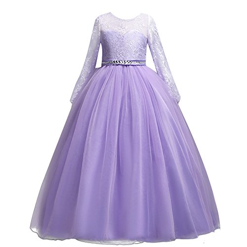 IBTOM CASTLE Festlich Mädchen Kleid für Kinder Sweet Prinzessin Langarm Spitzen Kleider Hochzeit Blumenmädchenkleid Lila 11-12 Jahre von IBTOM CASTLE