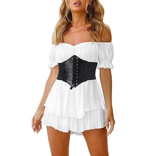 IBTOM CASTLE Jumpsuit Damen Sommer Boho Korsett Off Shoulder Rüschen Minikleid Hochzeit Partykleid Wikinger Piratenkostüm Karneval Overall Kostüm Damen Weiß M von IBTOM CASTLE