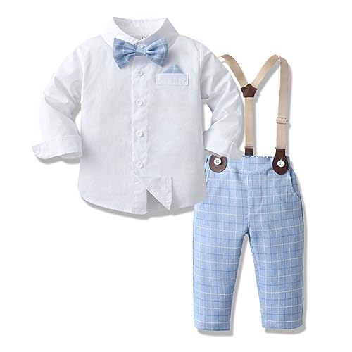 IBTOM CASTLE Kinder Baby Anzug Jungen Hochzeit Festlich Gentleman Smoking Langarm Hemd mit Fliege+Hosen+Hosenträger Taufanzug Babykleidung Set 4tlg Blau 12-18 Monate von IBTOM CASTLE