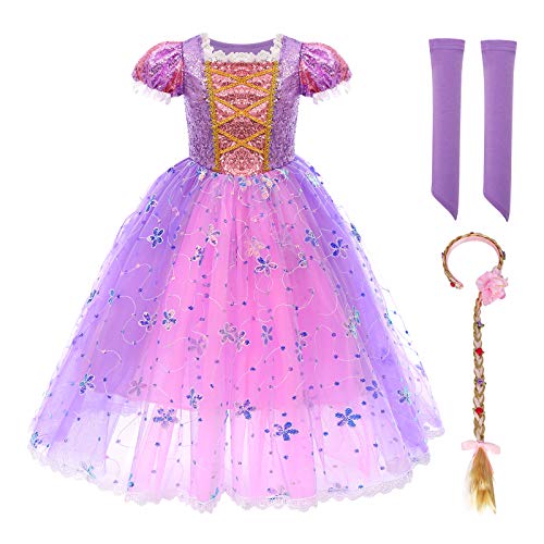 IBTOM CASTLE Kinder Mädchen Kostüm Prinzessin Rapunzel Lang Kleid Party Cosplay Verkleidung Festlich Karneval Festkleid Brautjungfer Maxikleid Geburtstagsfeier Fest-Kleid Lila-01 9-10 Jahre von IBTOM CASTLE