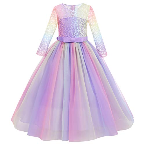 IBTOM CASTLE Mädchen Kinder Spitze Tüll Hochzeit Kleid Prinzessin Kleider Erstkommunion Kleid Regenbogen-Lila 7-8 Jahre von IBTOM CASTLE