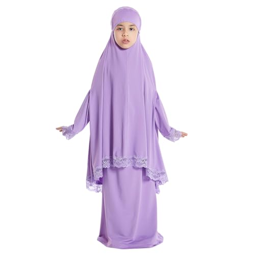 IBTOM CASTLE Mädchen Muslimisches Abaya Full Cover Spitze Hijab Kleid Kaftan Islamische Dubai Arabisch Gebetskleidung Robe Lila 7-8 Jahre von IBTOM CASTLE