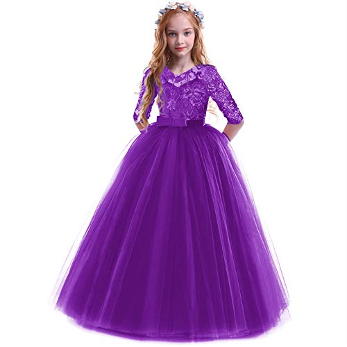 IBTOM CASTLE Mädchen Spitze Tüll Prinzessin Prom Ballkleid Formale Partei Kleider für Hochzeit Brautjungfer Blumenmädchen Geburtstag Fasching Cocktail Dance Cocktailkleid Elegant Lila 5-6 Jahre von IBTOM CASTLE