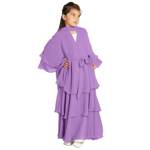 IBTOM CASTLE Muslimisches Kleid für Kinder Mädchen Chiffonkleid Strickjacke Abaya Hijab Kleid mit Gürtel Dubai Elegantes Kleid Islamisches Gebet Party Zeremonie Geschenk Lila 11-12 Jahre von IBTOM CASTLE