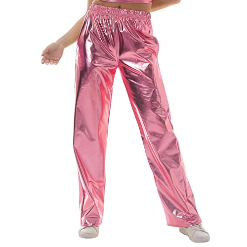 IBTOM CASTLE Silberne Hose Damen Glänzend Wetlook Metallic Leggins Glitzer Hose Damen Lang mit Taille Freizeit Hoch Jogginghose Sweathose Tanzhosen Rosa M von IBTOM CASTLE