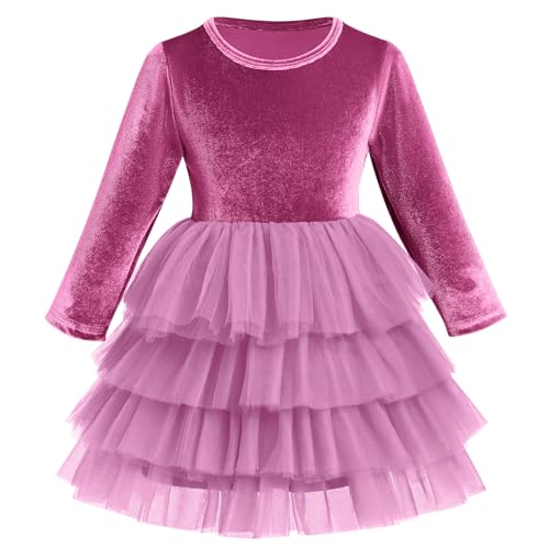 IBTOM CASTLE Weihnachtskleider für Mädchen Langarm Samt Prinzessin Kleid Taufkleider Hochzeit MädchenBaby Mein Erstes Weihnachten Baby Babykleidung Violett-Rosa 3-4 Jahre von IBTOM CASTLE